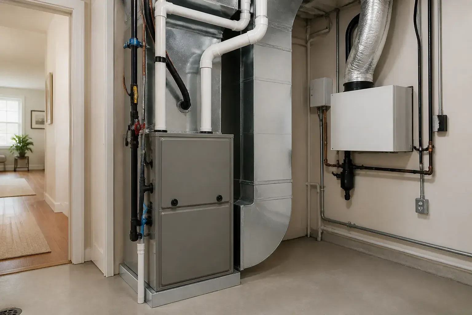 Clean mechanical room with a repaired furnace