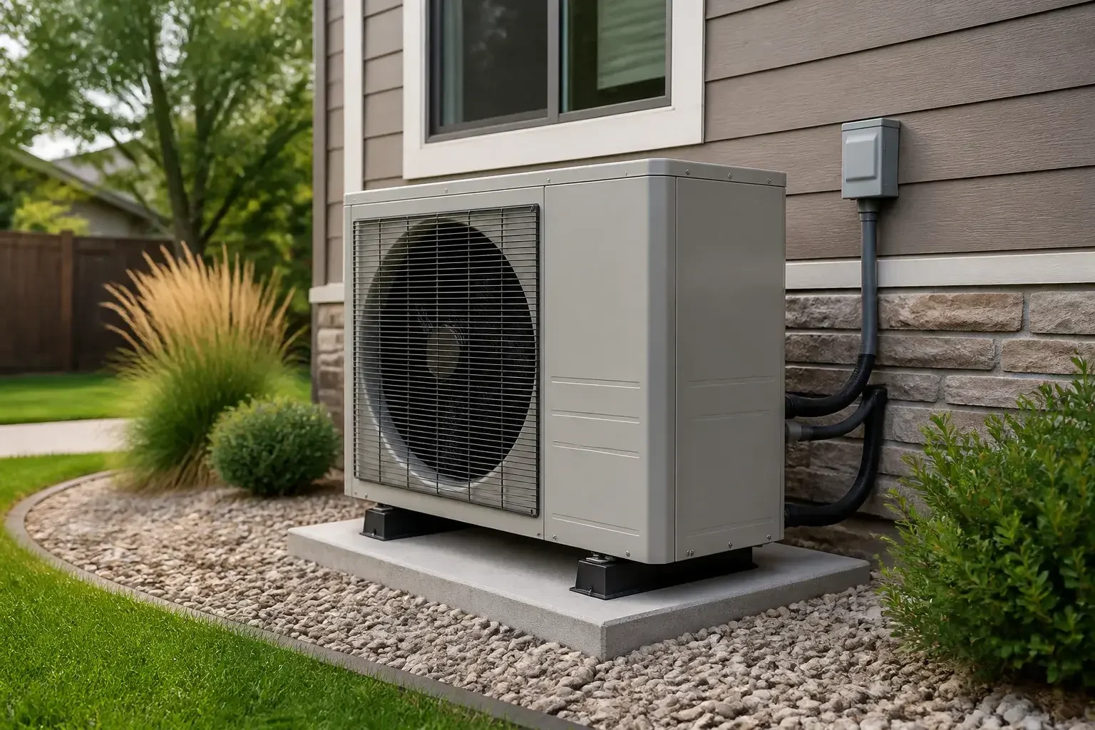 Modern heat pump installed outside a home