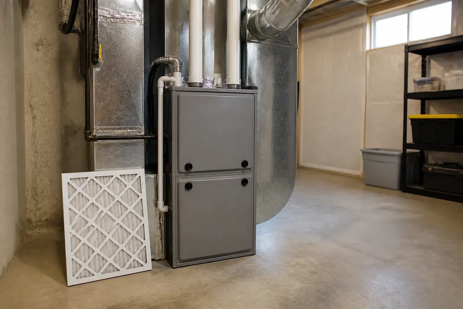Repaired furnace in a clean basement