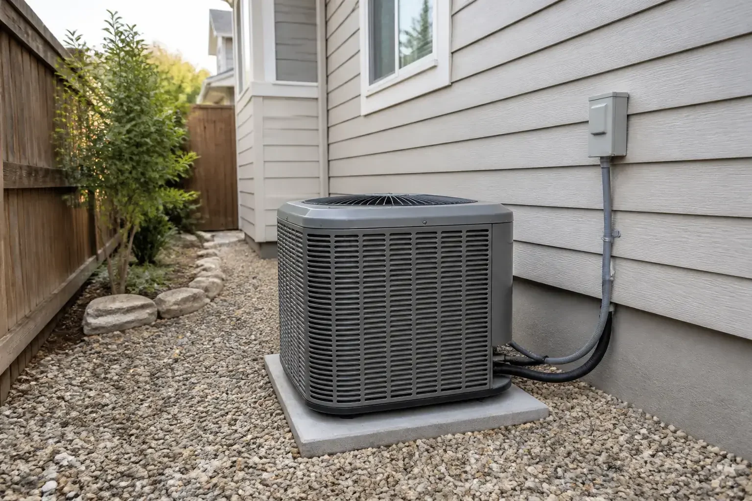 New AC condenser installed beside a home